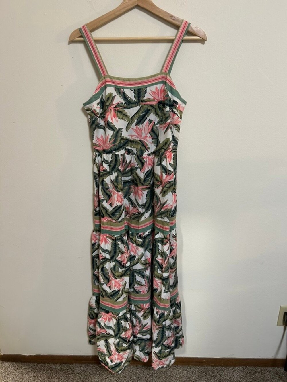 Linen Blend Maxi Sundress Tropical Beach Tiered Coastal Colorful Summer Sz 8 EUC